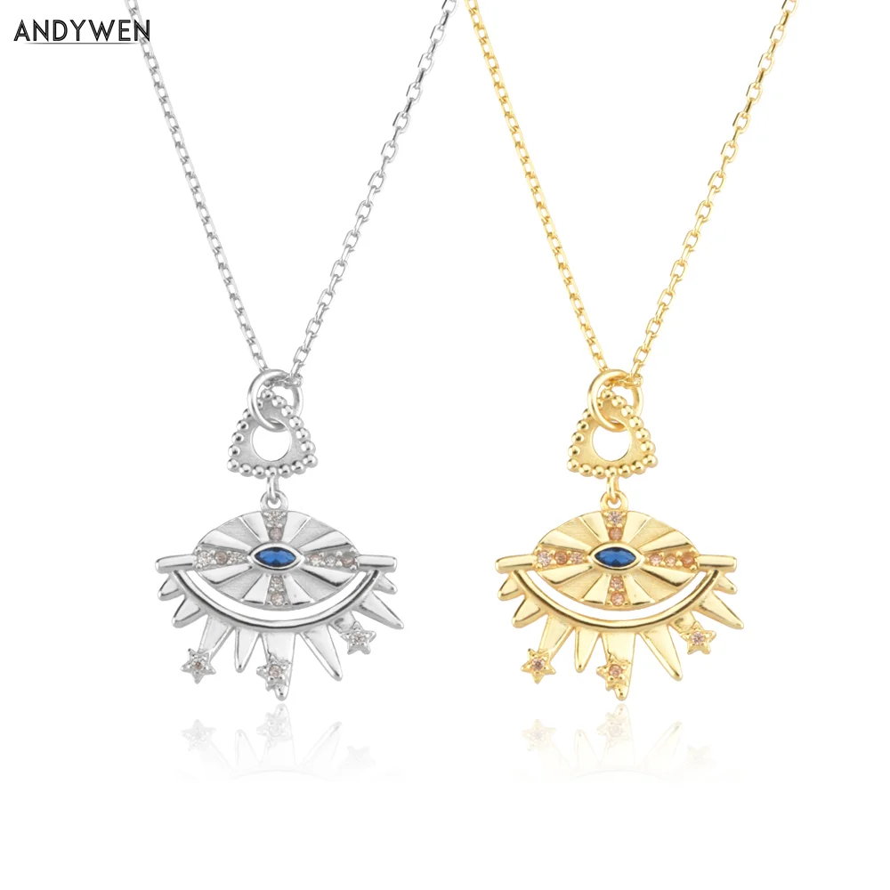 

ANDYWEN 925 Sterling Silver Gold Big Pendant Eye Zircon CZ Pendant Long Chain Necklace 2021 Women Wedding Luxury Jewelry