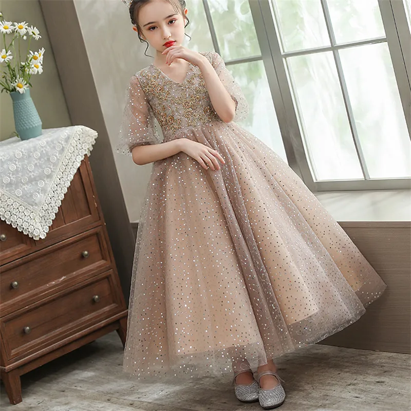 Summer Luxury 2021New Children Girls V-Collar Neck Birthday Evening Party Princess Lace Dress Kids First Communication Host Wear | Детская