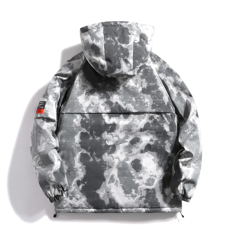 Camouflage Tie-dye Multi-pocket Tooling Warm Hooded Jacket Men's Fashion Outdoor Loose Thickening Winter Coat Streetwear