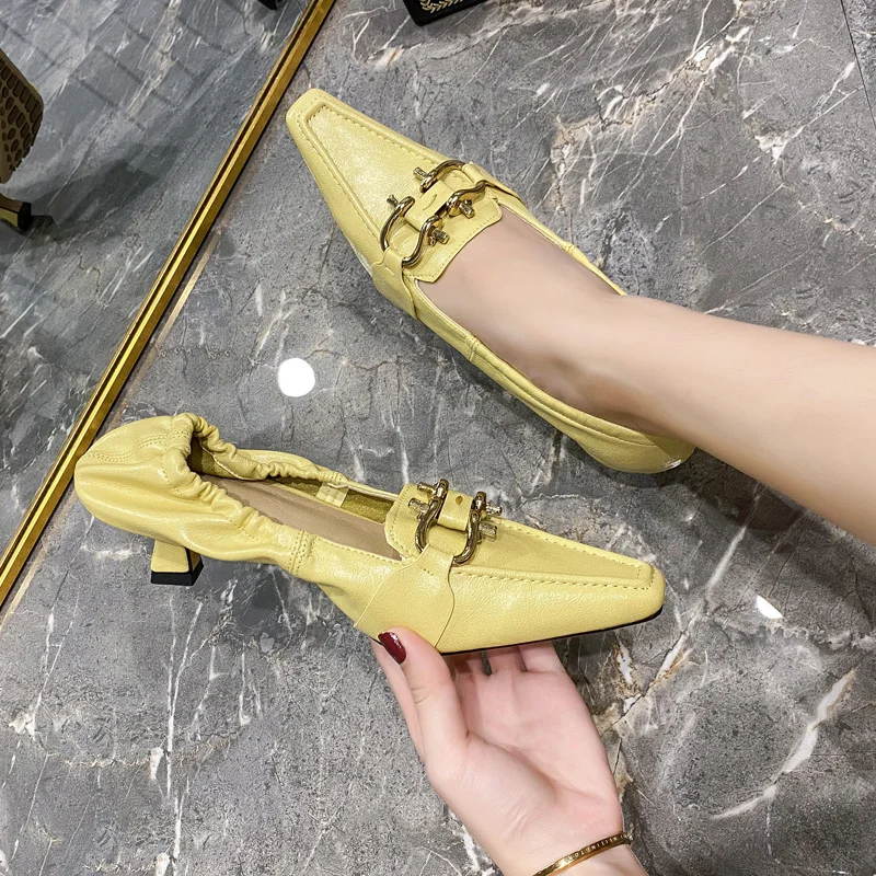 

Spring and summer French square head high heel shoes fashion soft leather women's shoes mid-heel work shoes black heels ladie