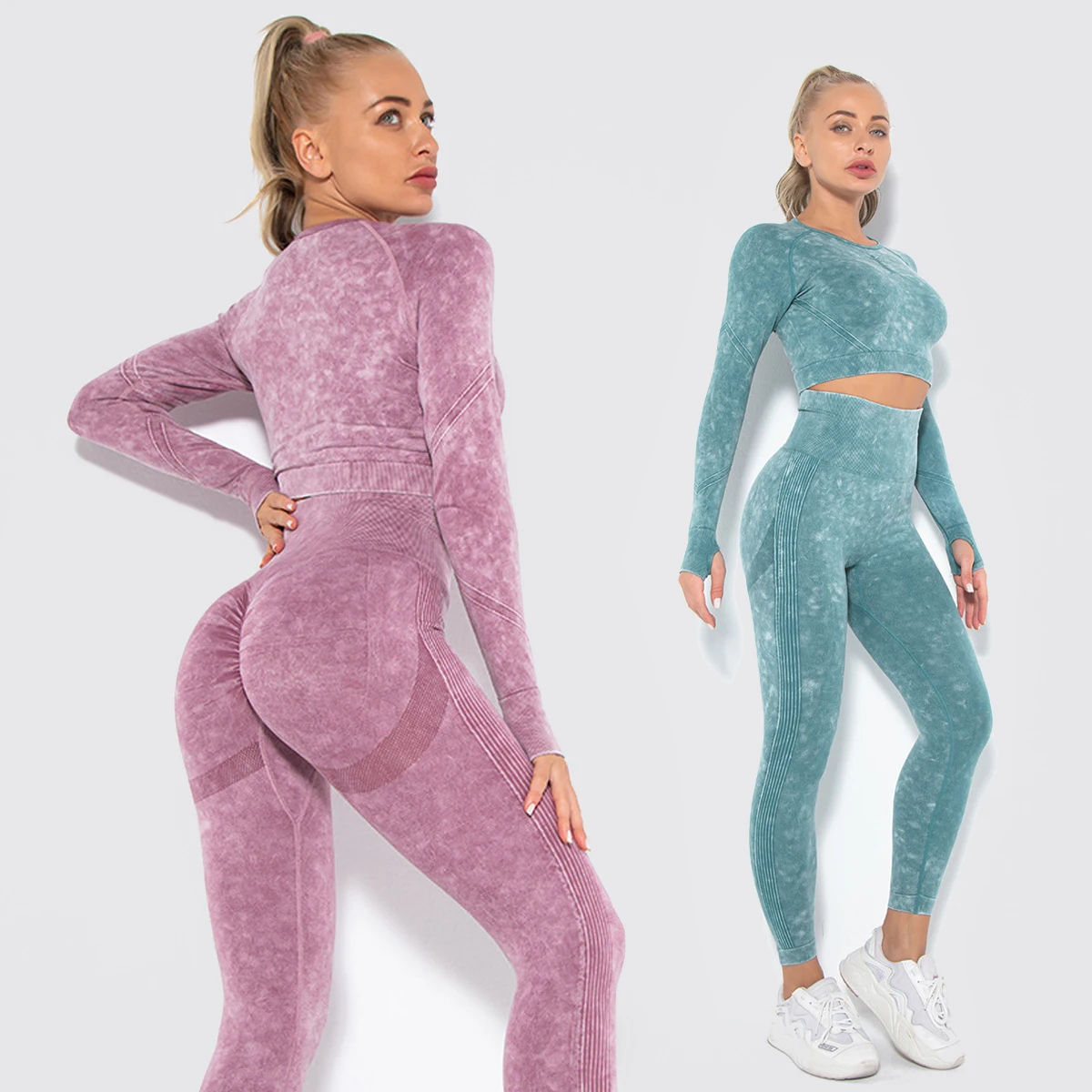 

Tie-Dye Seamless Sports Set Yoga Suit Training Wear 2 Pieces Women's Long Sleeve Leggings Fitness Suit Gym Workout Sportswear