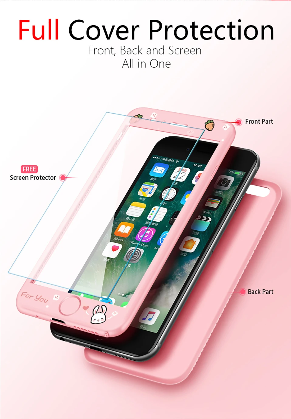 Милый силиконовый чехол для iPhone 8, чехол на 360 градусов, полное покрытие, бамперы для iPhone 7, 8 Plus, X, противоударный чехол с закаленным стеклом