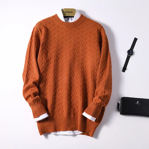 dark orange Высококачественные мужские кашемировые свитера и шерстяные вязальные Джемперы, мужские зимние пуловеры с круглым вырезом, текстурированный свитер, модный свитер - Цвет: dark orange