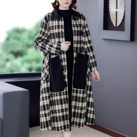 free shipping leisure lattice long wool coat loose temperament oversized clothes for mother spring winter casual coats