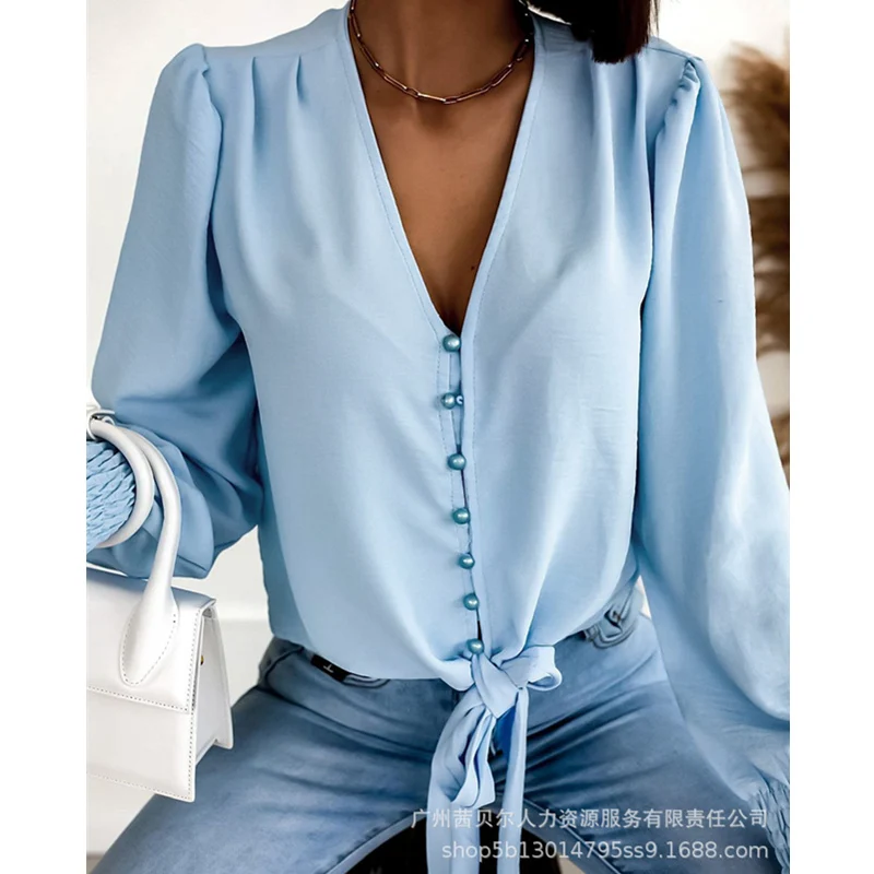 

Женская элегантная Осенняя шифоновая бандажная рубашка WEPBEL, Женский пикантный модный однобортный топ с длинными рукавами-фонариками и V-об...