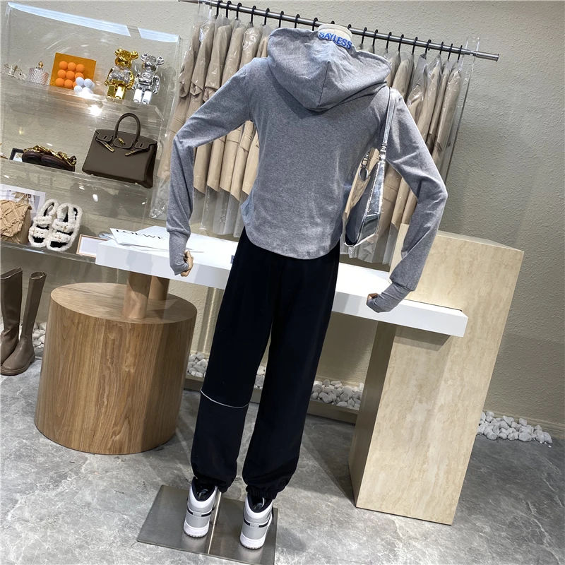 

Brand Original Design Reflective Strip Color Drawstring High Waist Strapping Halon Pants + Blue Letters Slim Hoodie 2 Sets Suit