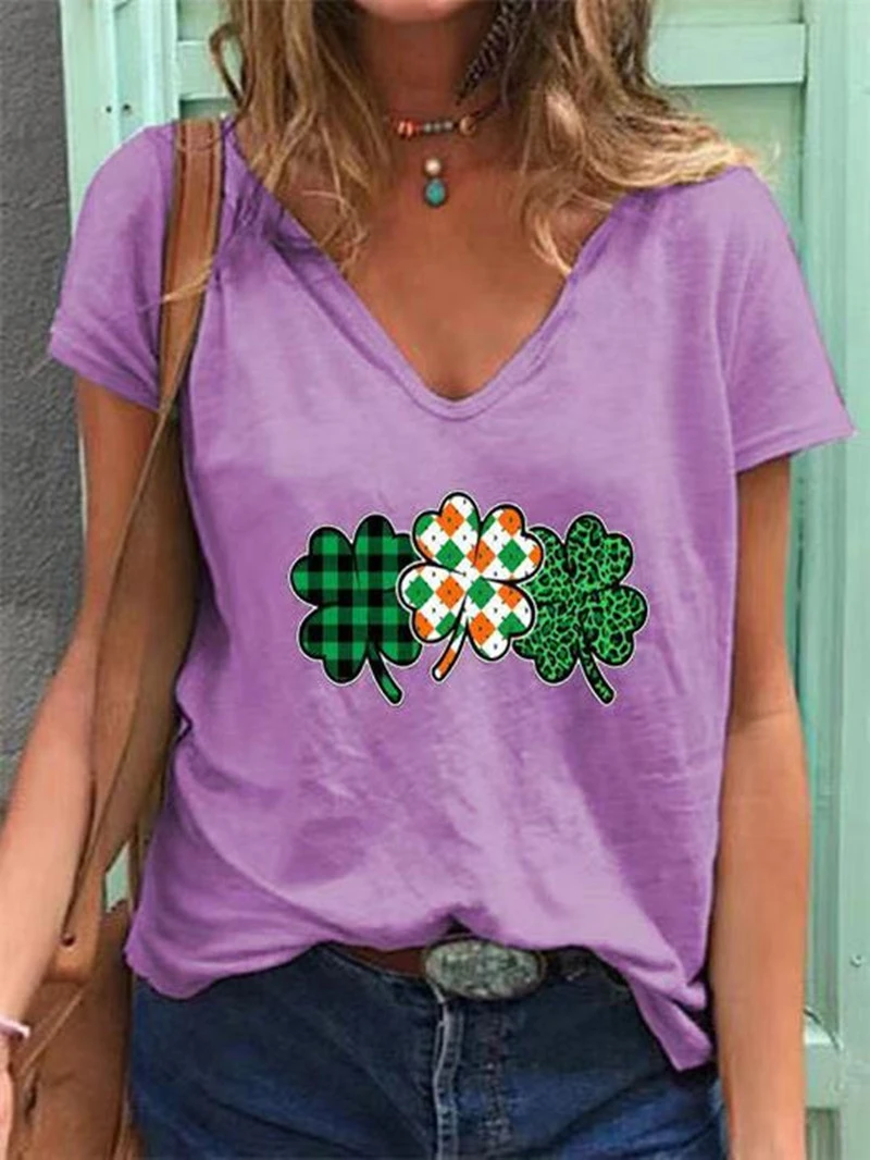 

Fashion Lucky Clover Print T Shirt Women Summer Casual Tops Tee Casual Plus Size Loose T Shirt V-Neck Short Sleeve Streetwear