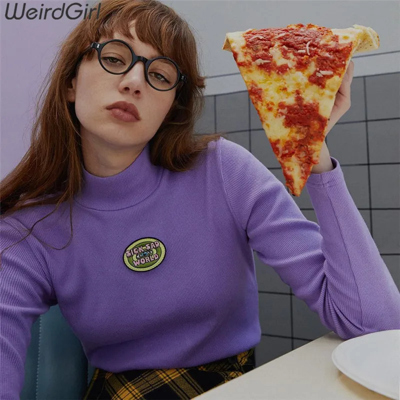 Weirdgirl Женская Повседневная модная Водолазка с длинным рукавом фиолетовые Осенние футболки с надписями элегантные свитшоты Женский Пуловер Свободный
