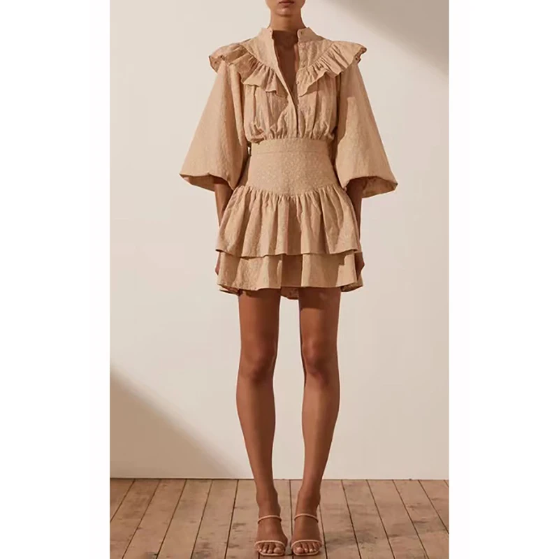 

SHO**JOY Exquisite Flower Embroidery Ruffled Lantern Sleeves Waist Pleated Short Cotton Dress