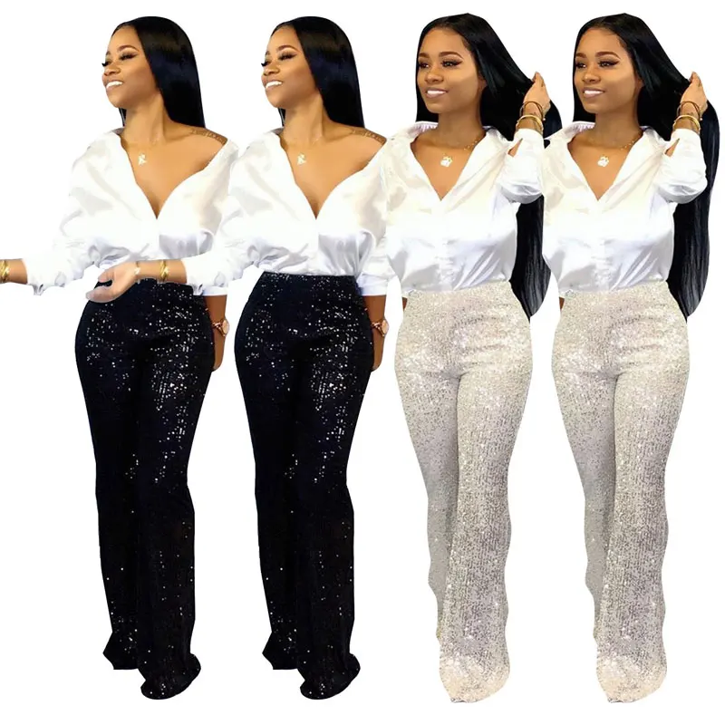 Женские длинные широкие брюки с блестками блестящие серебристые и черные
