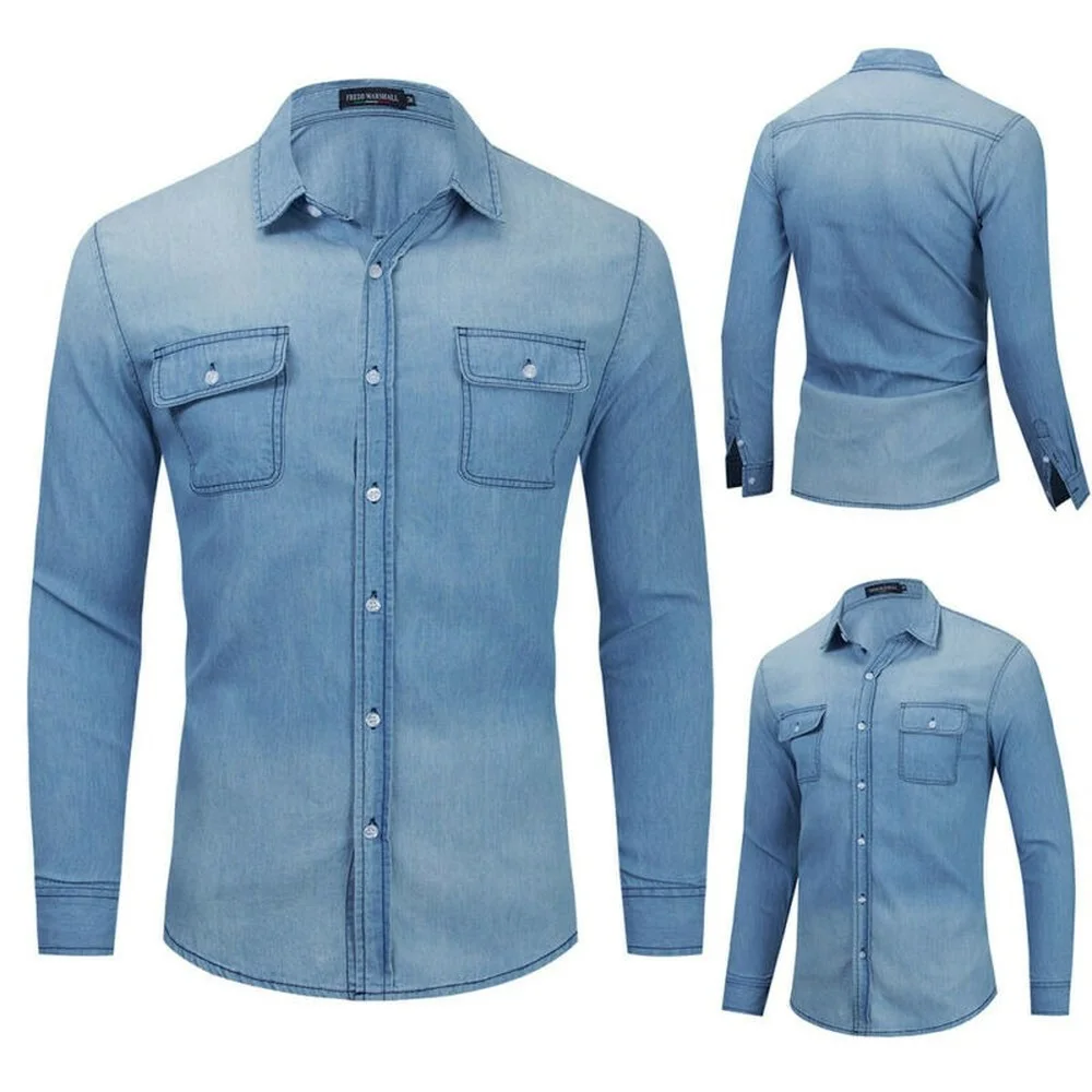 

Men Long Sleeve Blouse Shirt Denim Look Casual Slim Fit Button Down Top T-Shirts
