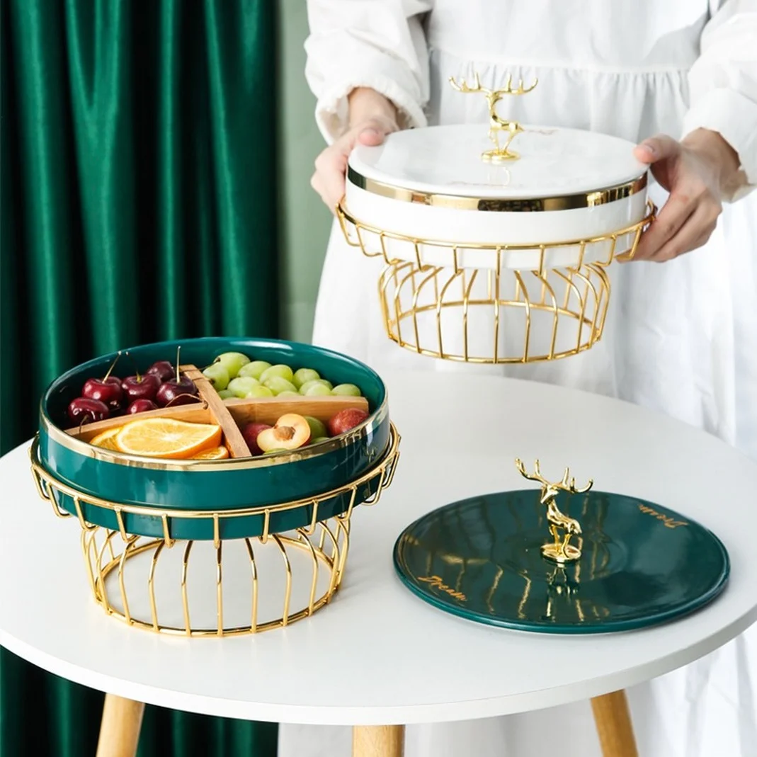 

Porcelain Plates Ceramic Fruit Tray with Stand Luxury Gold Inlay Ceramic Storage Box with Lids Candy Snack Serving Plate