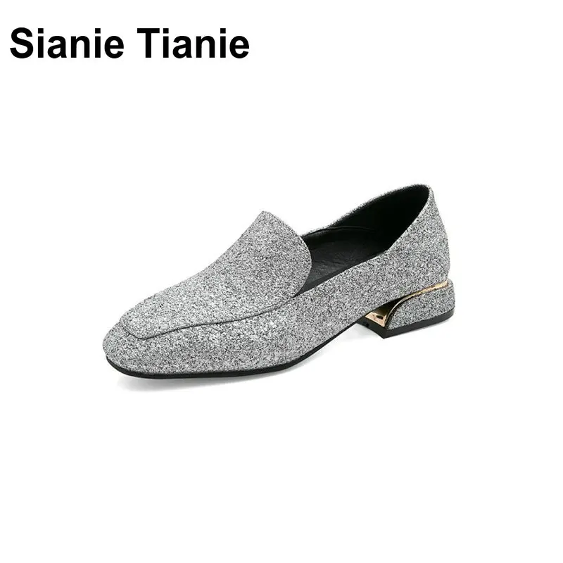 

Sianie Tianie 2020 spring summer bling glitter square toe woman shoes silver gold blue women loafers mules shoes big size 44 45