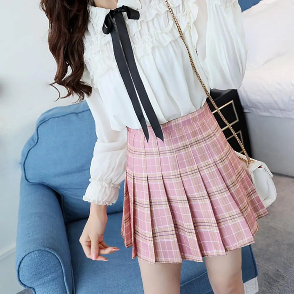Женская короткая юбка в клетку с завышенной талией и молнией|Женские юбки| |