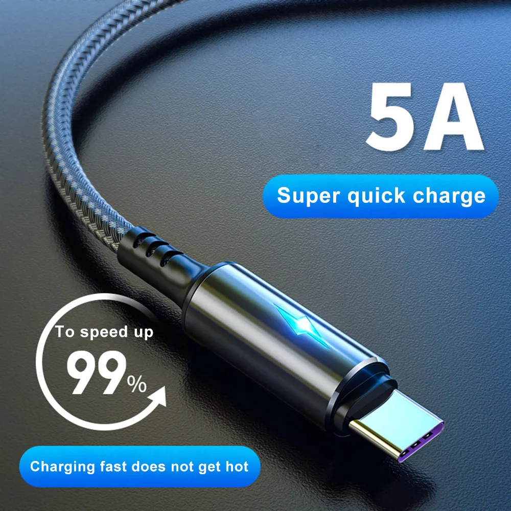

5A USB Cable 1.2m Fast Charging With Light IOS/Micro/Type-C USB Cables Data Cord Mobile Phone Fast Charge Cable