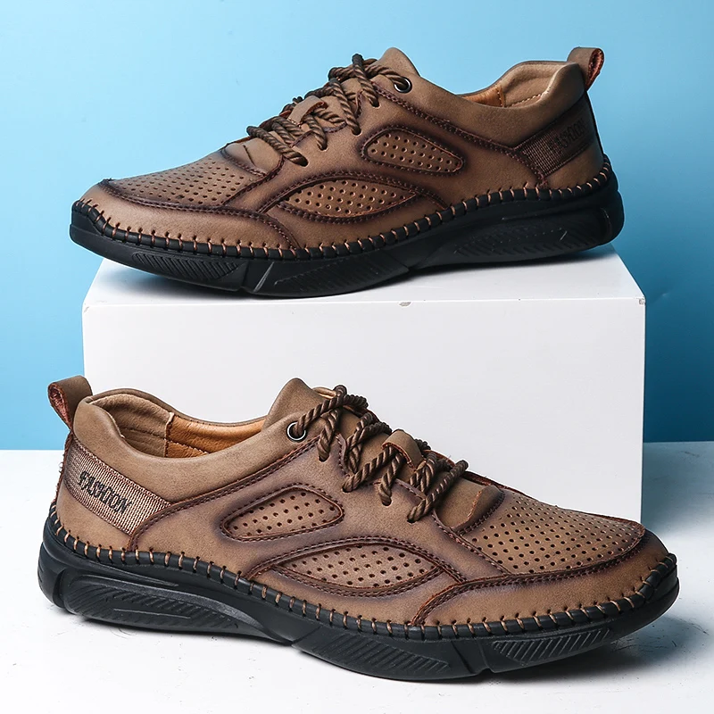 Туфли мужские дышащие кожаные сетчатые лоферы повседневная обувь для вождения