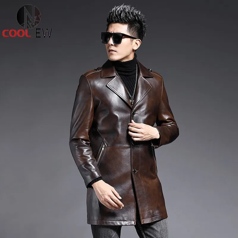 

Brand Genuine Leather Medium Long Jacket Men Vintage Lapel Sheepskin Coat Business Single Breasted Casual Windbreakers Plus Size
