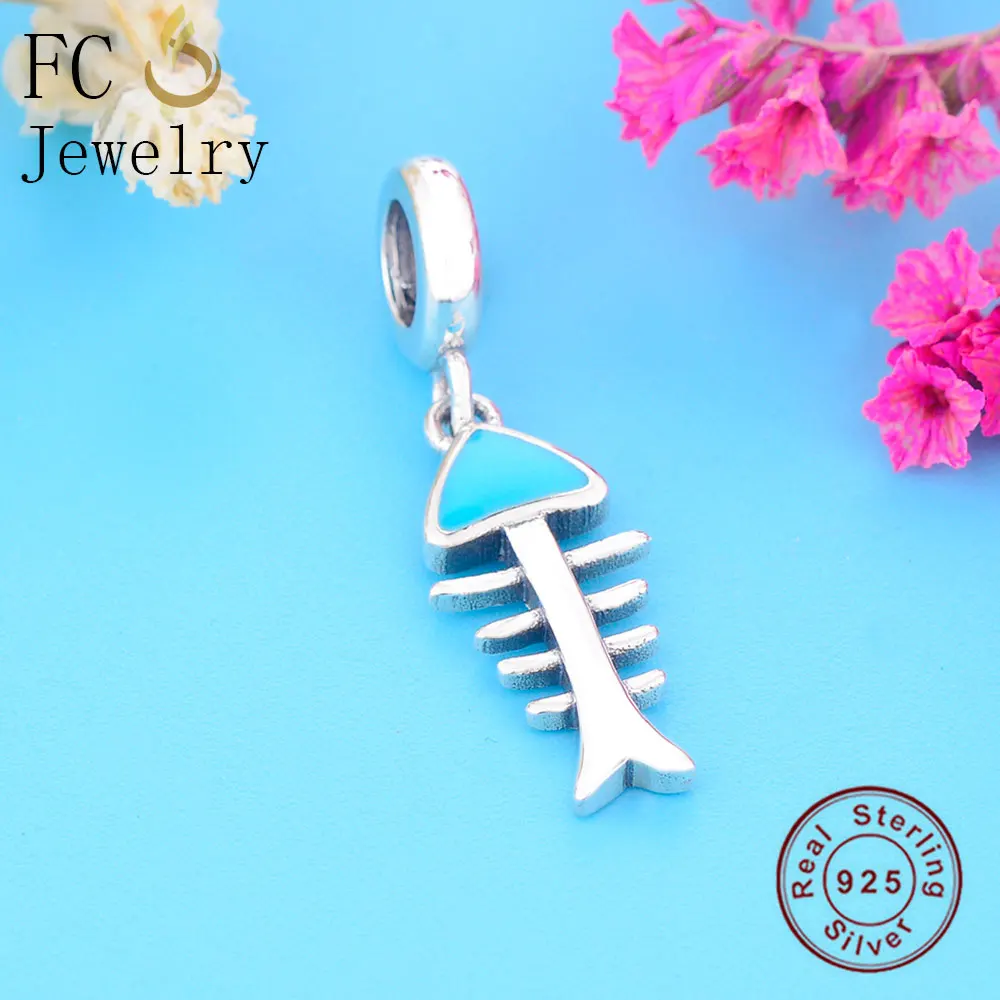 FC Jewelry Fit Original Brand Charm Bracelet 925 Sterling Silver Blue Enamel Fish Bone Cat Food Bead Making Berloque 2019 DIY | Украшения и