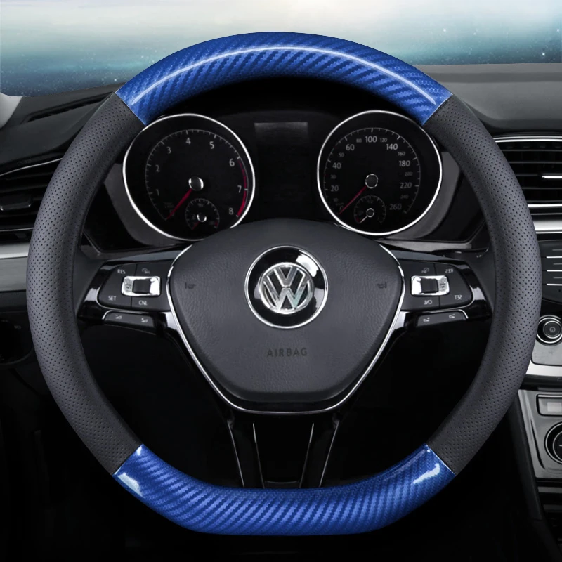 

D Shape O Shape Steering Wheel Cover Genuine leather Cow Skin + Carbon Fibre 38CM Car Wheel Cover Interior Accessories