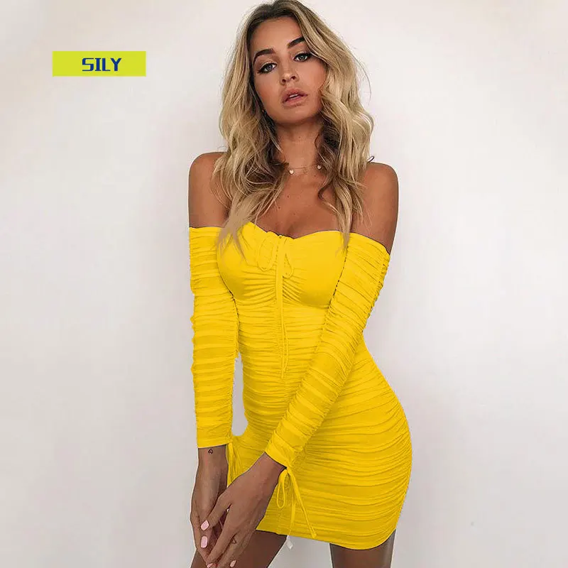 

Articat Women Autumn Winter Bandage Dress Women 2020 Sexy Off Shoulder Long Sleeve Slim Elastic Bodycon Party Dresses Vestidos