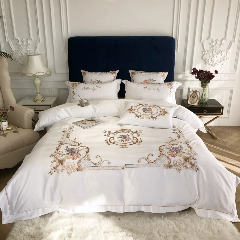 

White Premium Washed Silk Cotton Flowers Embroidery European Palace Bedding Set Duvet Cover Bed Linen Fitted Sheet Pillowcases