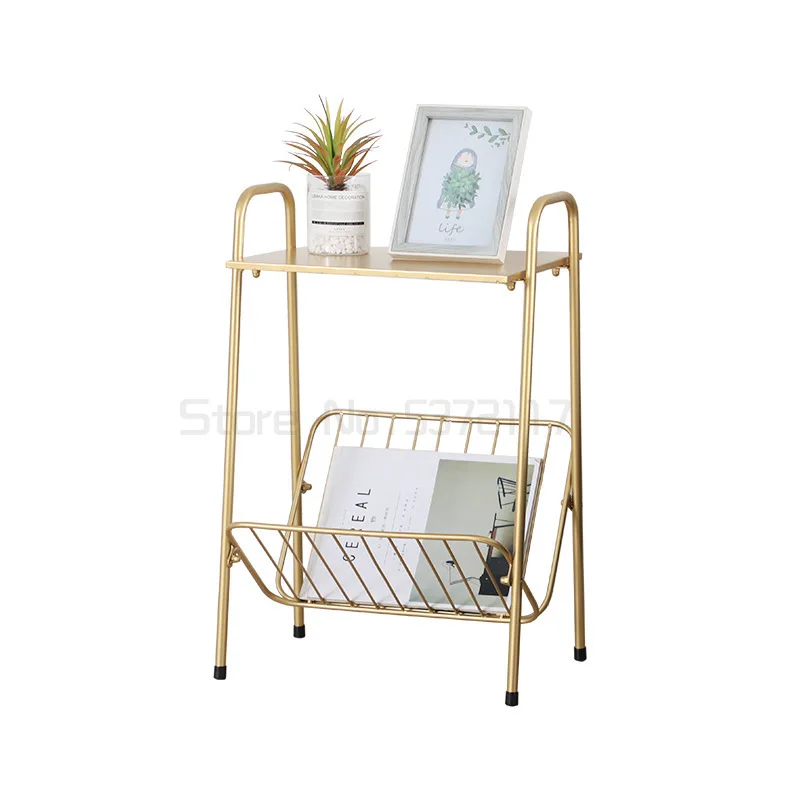 

Creative Golden Iron coffee table Living room Sofa Side Table Movable Small end Table with book magazine rack Home Furniture