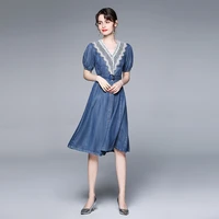 zuoman women summer elegant denim dress festa high quality vintage party robe femme runway v neck lace designer blue vestidos