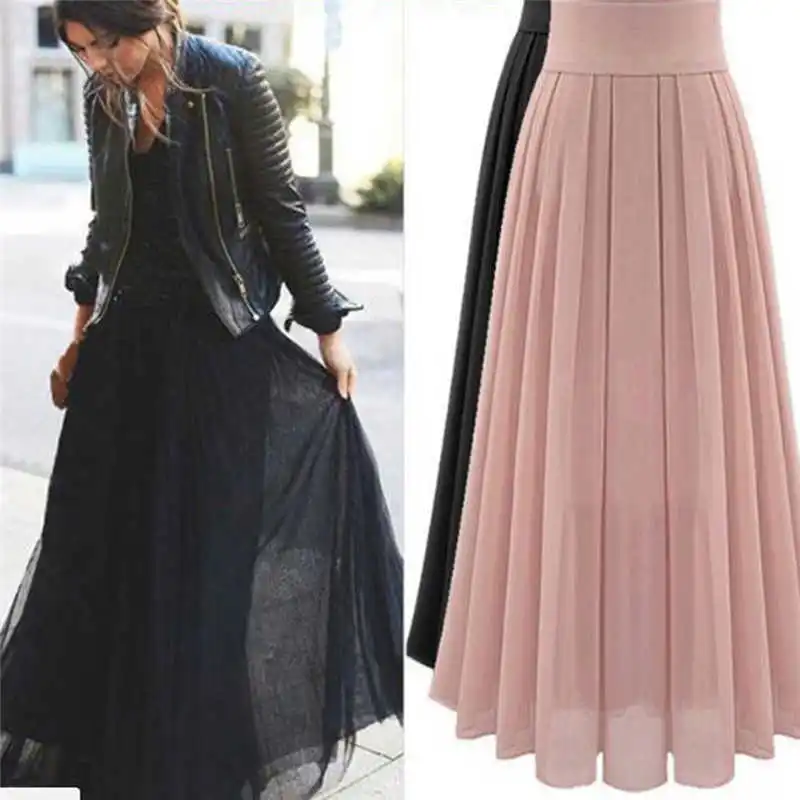 Retro Pleated Waist Double Chiffon Maxi Layer Long Women Elastic Hot Skirt