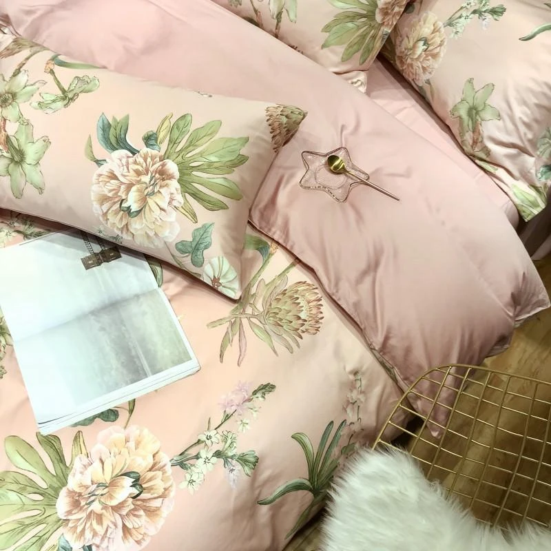 Pink blossom bedding set 100% Egyptian cotton floarl print bed sheets Satin duvet cover pastoral bedspread queen king size | Дом и сад