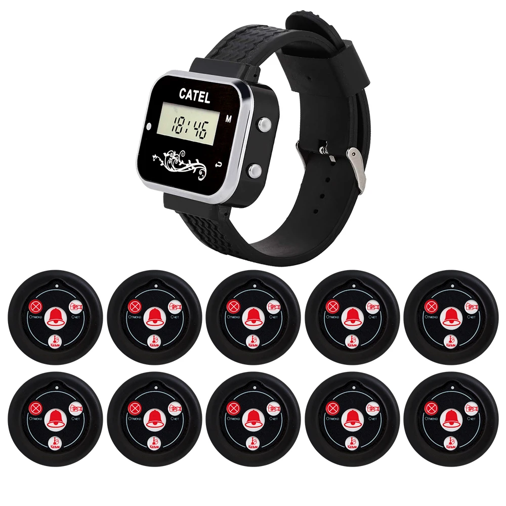 CATEL Russian Showing 10 pcs Call Button 1 Watch Receiver Wireless Pager 433.92mhz for Restaurant Calling System Buzzer