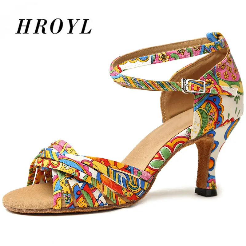 

HROYL Women's dance shoes Latin Tango heeled ballroom dance shoesSalsa Flower color-party dancing wholesale 6-10CM