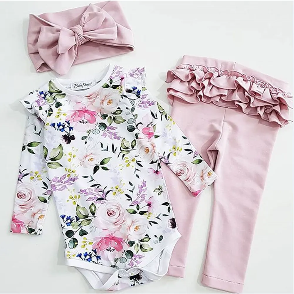 Одежда для маленьких девочек боди с оборками и цветами новорожденных топы + штаны