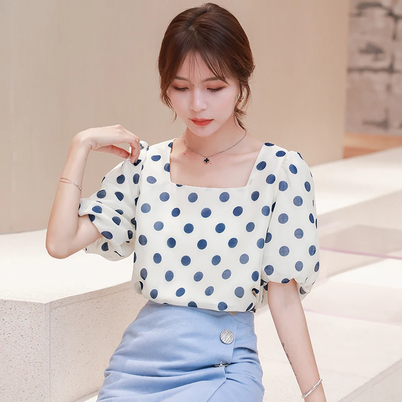 

COIGARSAM Brief Polka Dot blouse women New Summer Puff Sleeve Square Collar blusas womens tops and blouses 826