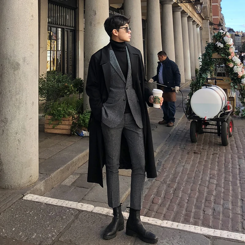Мужское шерстяное пальто с длинным рукавом повседневное длинное верхняя одежда