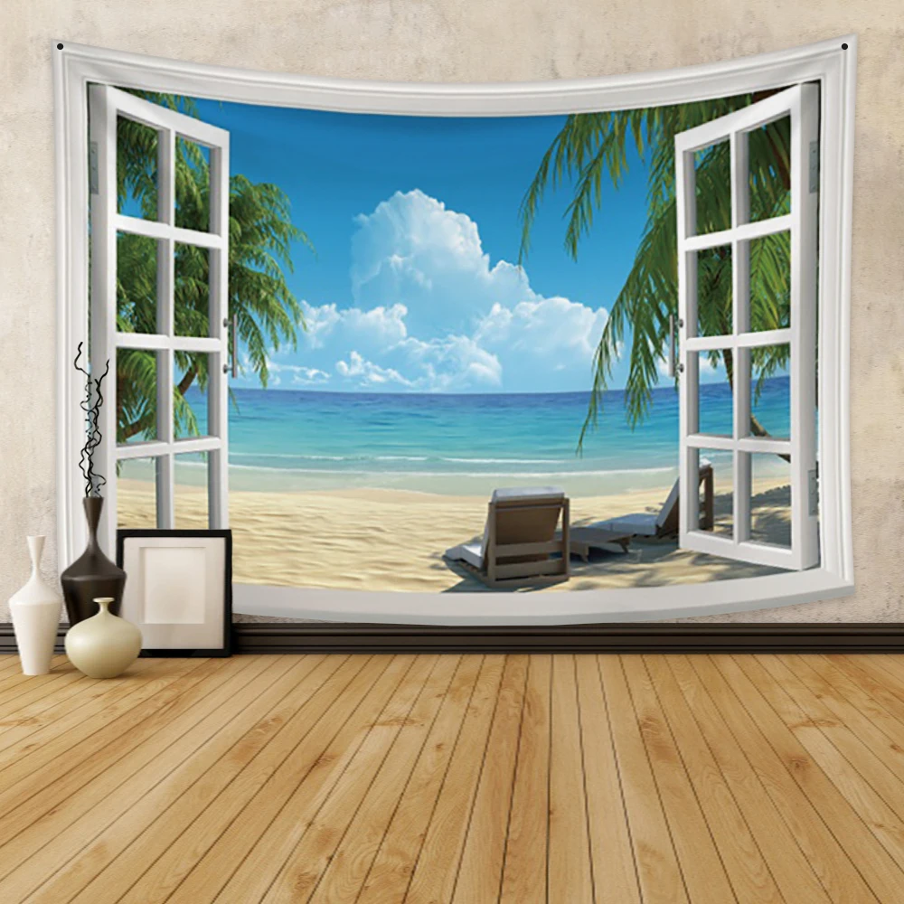 

Simulation Window Outdoor Scene Wall Hanging Seaside Landscape Tapestry Decor Wall Hangings Home Decor Living Room Bedroom Dorm