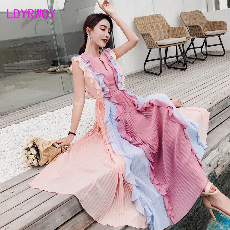 

2020 Summer New Pleated Colorblock Lotus Leaf Chiffon Long Rainbow Dress Office Lady Cotton Sleeveless