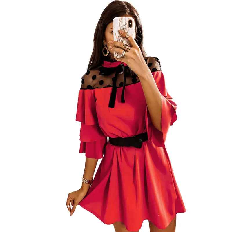 Женское летнее кружевное платье в горошек привлекательное Сетчатое мини стиле