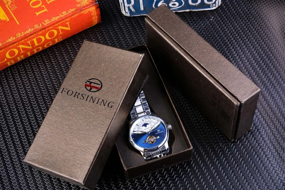 Forsining Blue Moon Phase автоматические мужские часы, деловые часы, повседневные, стальной ремешок, водонепроницаемые, спортивные, механические, Relogio Masculino