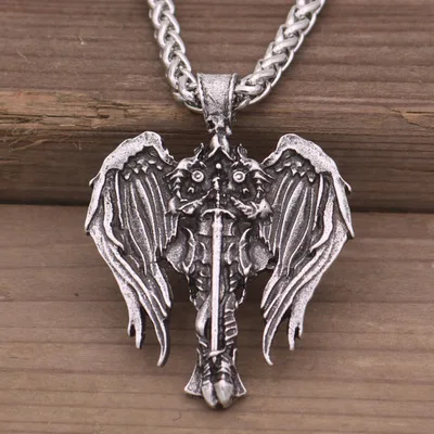 link chain Прямая поставка Diablo Archangel защита Ирландский Крест Кулон Крылья Ангела ожерелье Wicca языческий талисман Викинг ювелирные изделия - Окраска металла: link chain