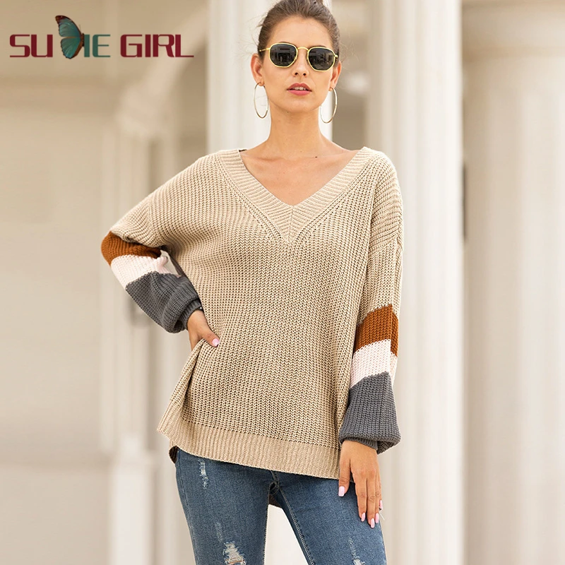 

SUDIE Girl Autumn new solid color V-neck lantern sleeves striped color-blocking knit sweater women