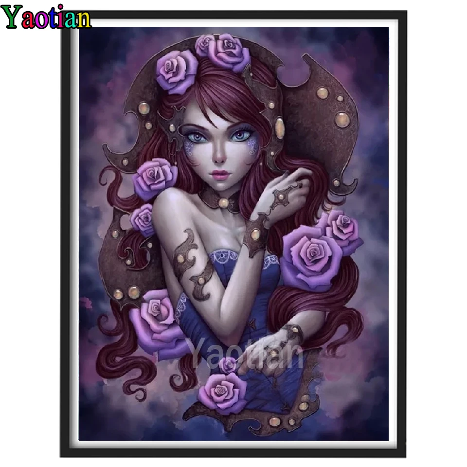 

Yaotian 5D DIY Diamond Painting Cartoon girl with purple rose Cross Stitch Kit Full Drill Diamond Embroidery Mosaic Home Decor