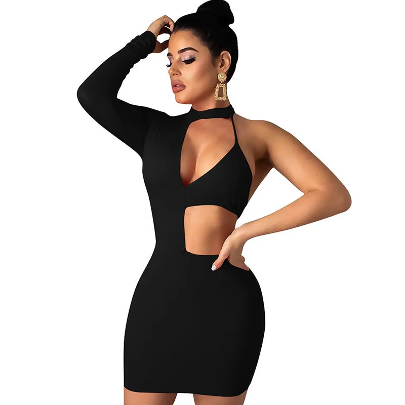 Черный облегающее платье с вырезами Мини 2019 для женщин воротником стойкой и