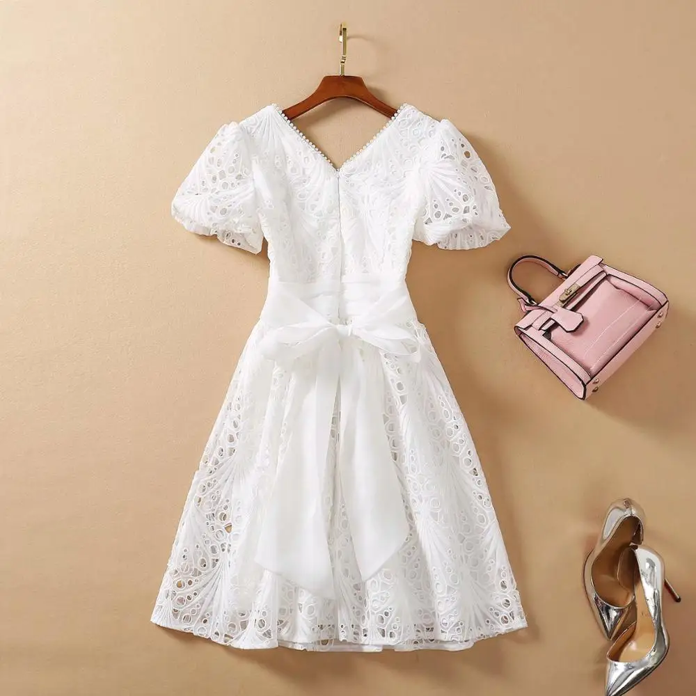 

Women's Summer High Street Runway Fashion Cute Princess Dress Short Sleeve Embroidery Hollow Out Boutique Dresses