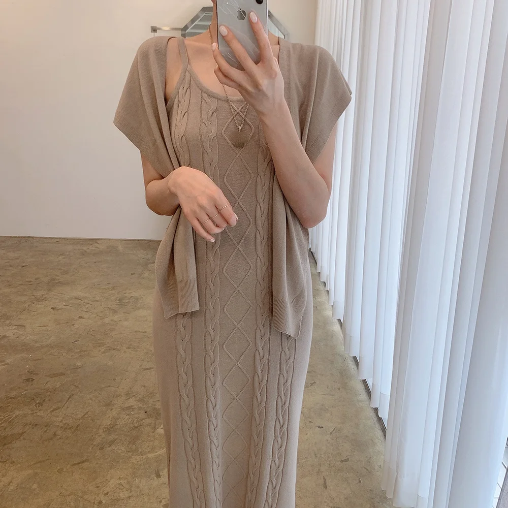 

New Spring Autumn 2 Piece Suit Sleeveless Sweater Vest Women Dresses Female Girls Dress Suits Robe Femme Vestido