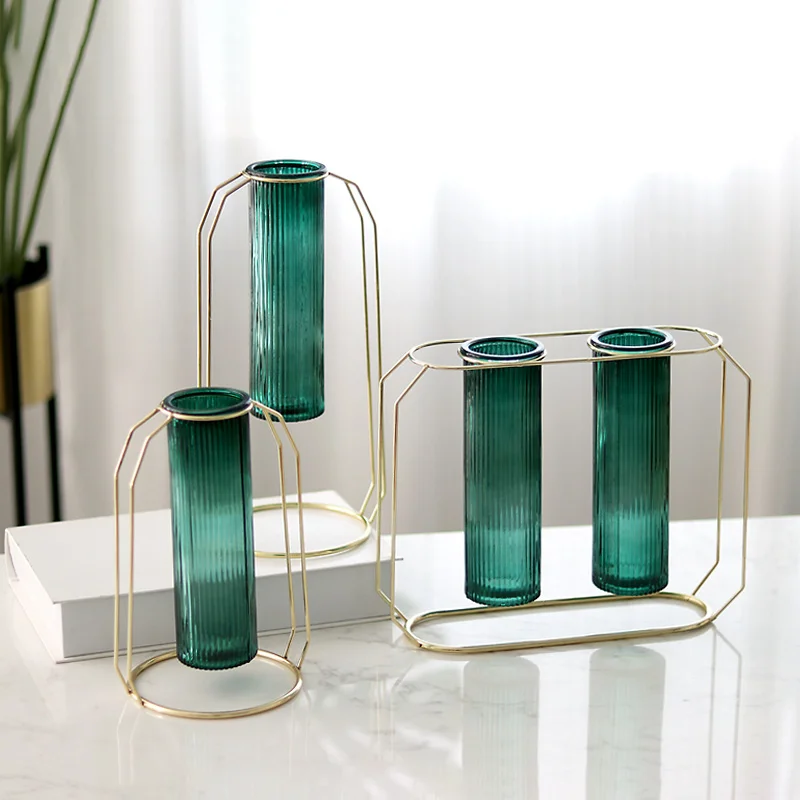

Nordic Wrought Iron Glass Vase Creative Golden Green Hydroponic Plant Vase Dried Flowers Inserted Desktop Ornaments Home Decor