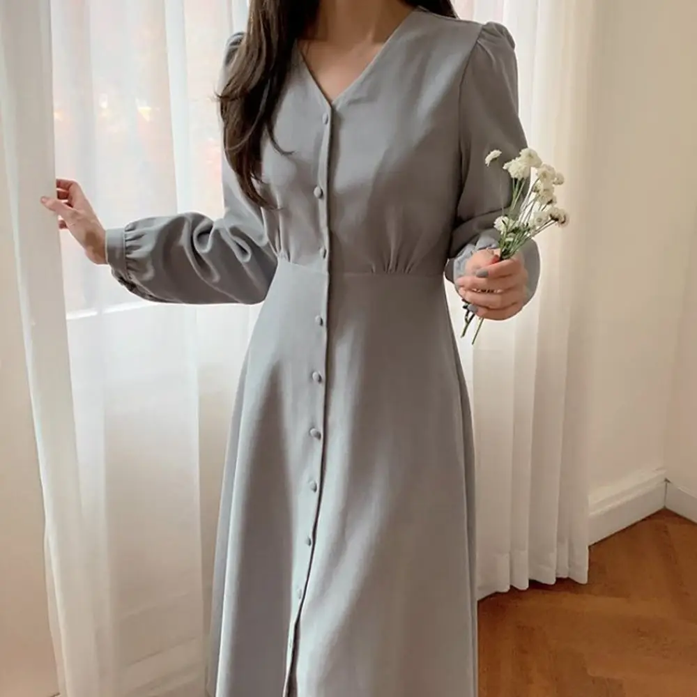

Spring And Autumn Fashion Japan And South Korea Chic New V-neck Long-sleeved Women's Temperament Commuter Solid Color Dress