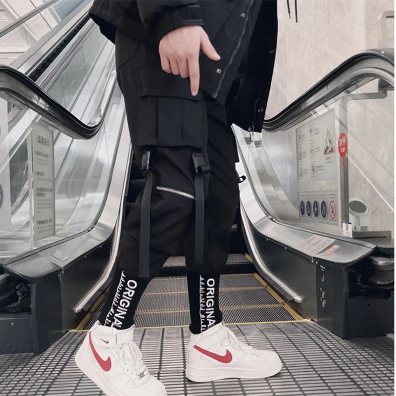 

2020 Joggers Cargo Pants for Men Casual Hip Hop Hit Color Pocket Male Trousers Sweatpants Streetwear Ribbons Techwear Pants