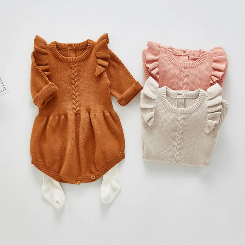 2021 nuevo oto&ntilde;o Body para beb&eacute; manga larga acampanada de cuello redondo lana de Color s&oacute;lido mono ni&ntilde;os ropa de 0-2 a&ntilde;os E336-1