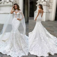 2020 gorgeous mermaid lace wedding dresses with cape sheer plunging neck bohemian wedding gown appliqued plus size bridal