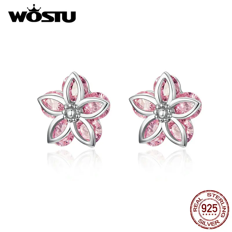 WOSTU серьги-гвоздики с розовыми кристаллами и цветком сакуры 925 пробы серебряные маленькие серьги для женщин Роскошные свадебные ювелирные изделия CQE644